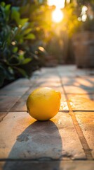 Poster - A single lemon rests on a tiled surface in the sunlight. AI.