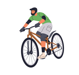 Wall Mural - Man cycling on mountain bike. Active male cyclist in safety helmet in outdoor adventure, bicycle ride, sport activity. Fast biker pedaling. Flat vector illustration isolated on white background