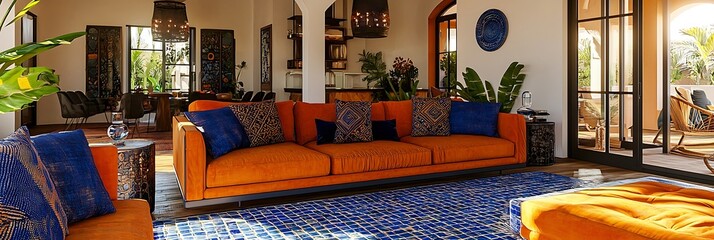 Wall Mural - Energetic living room with burnt orange couches and blue mosaic tile accents.