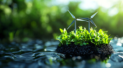 A miniature wind turbine on a lush green island symbolizes renewable energy and environmental sustainability in a vibrant ecosystem.