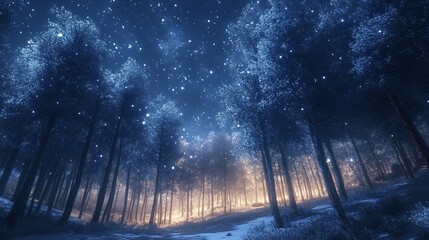 Sticker - Frosty forest clearing under a clear night sky, with the trees coated in snow and the stars shining brightly above. 4K hyperrealistic photo.