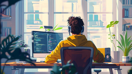 Programmer, coder, web developer or software engineer sitting at desk and working on computer or programming. Workplace of IT worker. Back view.