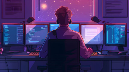 Programmer, coder, web developer or software engineer sitting at desk and working on computer or programming. Workplace of IT worker. Back view.