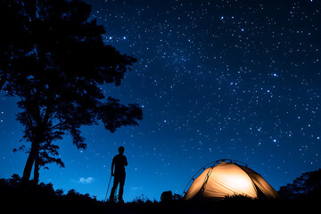 Wall Mural - A serene night scene with a tent under a starry sky, evoking a sense of adventure and tranquility.