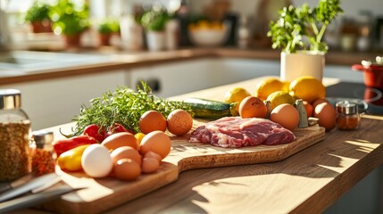 Fresh Ingredients for Home Cooking on Wooden Kitchen Counter with Eggs, Meat, Vegetables, and Herbs