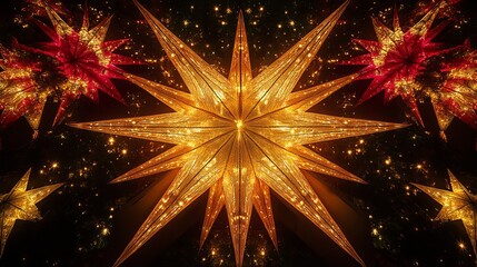 Poster - Symmetrical arrangement of Christmas stars in a radial pattern, with each star perfectly aligned and polished. 4K hyperrealistic photo.