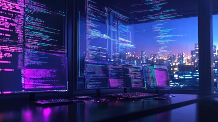 A modern office with multiple computer monitors displaying lines of code. The windows in the background overlook a cityscape at night.