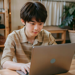 Asian boy uses a laptop computer mockup. Isolated screen for app, game or web site design presentation. Concept of working and playing on a computer