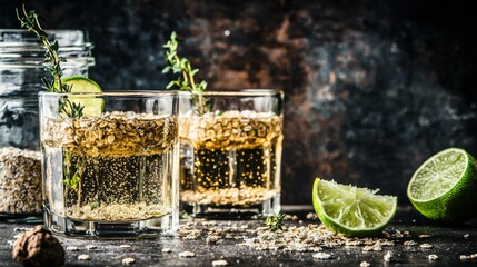 Refreshing Cocktails with Lime and Herbs in Rustic Setting