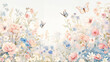© Yuki - A soft watercolor illustration depicting a vibrant floral garden filled with roses, bluebells, and butterflies fluttering amidst the colorful blooms, creating a tranquil and enchanting scene.