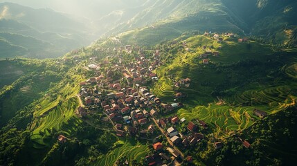 Wall Mural - Sweeping aerial view of a mountain village with traditional homes, winding roads, and terraced fields, nestled in a lush valley. 4K hyperrealistic photo.