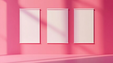 Sticker - Pink Wall Mockup with Three White Frames