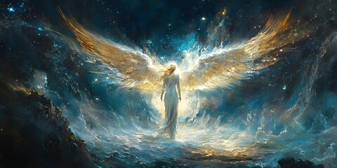 An angel with golden wings stands on a misty, swirling sea with a starry background.