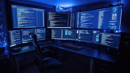 A programmer's workspace with multiple monitors displaying code.