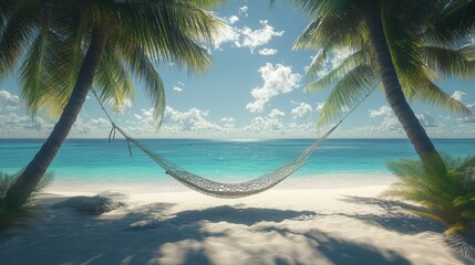 Wall Mural - Hammock strung between two palm trees on a secluded beach, with turquoise waters and soft white sand beneath. 4K hyperrealistic photo.