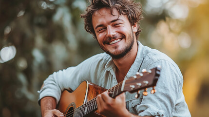 A joyful musician strumming a guitar outdoors in a lush garden during golden hour