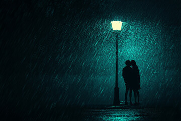 Wall Mural - A romantic silhouette of a couple kissing under a streetlamp in the rain.