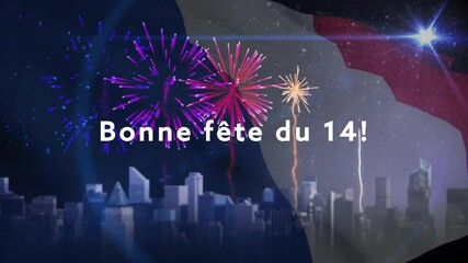 Poster - Animation of bonne fete du 14 text with french flag and fireworks