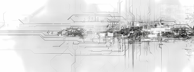 Futuristic digital technology abstract background featuring a network of circuits and data streams in monochrome tones.