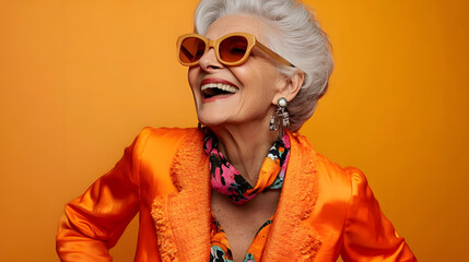 Happy senior woman in colorful orange outfit, cool sunglasses, laughing and having fun in fashion studio