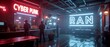 © Valeriy - A neon-lit cyberpunk-themed interior with ‘CYBER PUNK’ sign, featuring people, a bar counter, and futuristic decor. The vibrant lighting and moody ambiance create a trendy, modern atmosphere.