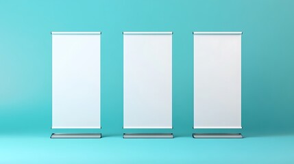 Sticker - Three Blank Roll Up Banner Stands on Turquoise Background