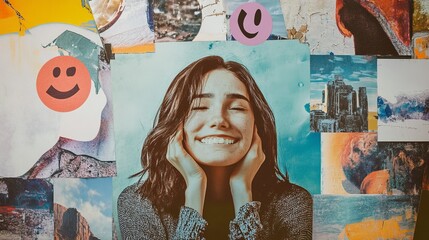 Composite collage image of sad female bullying smiling laugh trolling working process billboard comics zine minimal