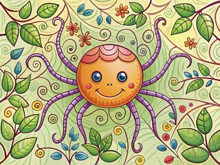 A colorful, whimsical illustration of a smiling spider surrounded by swirly vines and leaves, perfect for adding a