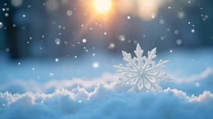 Wall Mural - Snowflake on snow, close-up, with bokeh effect - winter fairy tale, Christmas holiday background, frosty morning, sparkling snowflakes, magical atmosphere