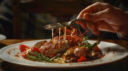 Wall Mural - Hand Holding a Fork: A hand holding a fork, poised above a gourmet meal.
