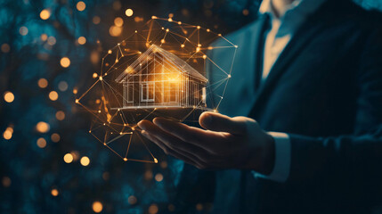 Aufkleber - Businessman presenting a futuristic glowing house icon with a network grid connection above his hand