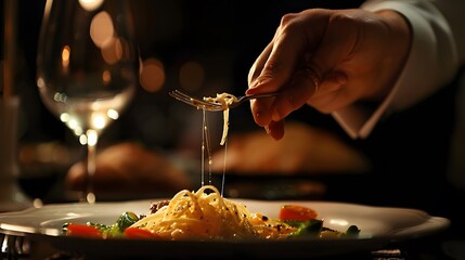 Wall Mural - Hand Holding a Fork: A hand holding a fork, poised above a gourmet meal.
