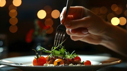 Wall Mural - Hand Holding a Fork: A hand holding a fork, poised above a gourmet meal.
