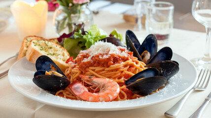 Poster - A gourmet seafood spaghetti bolognese topped with shrimp and mussels, served on an elegant plate in a cozy restaurant setting in the background. 