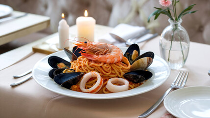 Poster - A gourmet seafood spaghetti bolognese topped with shrimp and mussels, served on an elegant plate in a cozy restaurant setting in the background. 