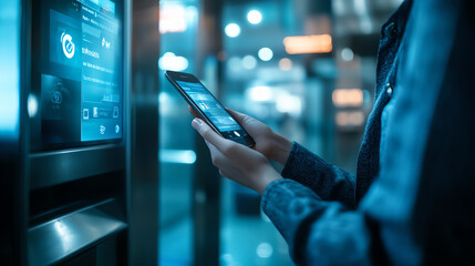 Person using a smartphone to interact with a digital kiosk.