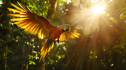 Wall Mural - A vibrant macaw flying through a sunbeam