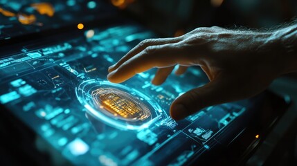 A hand reaches out to touch a glowing digital interface on a futuristic tablet.