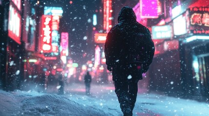 Wall Mural - A lone figure walks down a snowy street in a city at night, illuminated by neon signs.