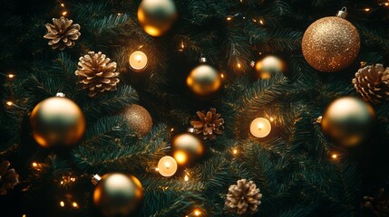 Poster - Golden Christmas ornaments arranged in a symmetrical pattern on a rich, dark green tree, with the ornaments catching the warm glow of nearby candles. 4K hyperrealistic photo.