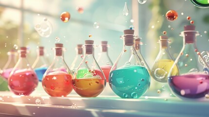 Canvas Print - Explore detailed artwork showcasing scientists conducting experiments with colorful chemical reactions in a laboratory setting.