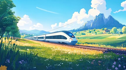 A scenic train journey through vibrant landscapes, featuring lush greenery, majestic mountains, and a bright blue sky.