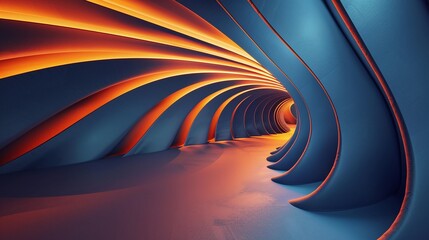 A futuristic tunnel design featuring wavy shapes and vibrant orange and blue colors, creating a captivating visual experience. Product presentation background.