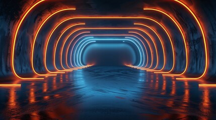 Wall Mural - A futuristic tunnel illuminated with vibrant neon lights in blue and orange, creating a mesmerizing atmosphere.