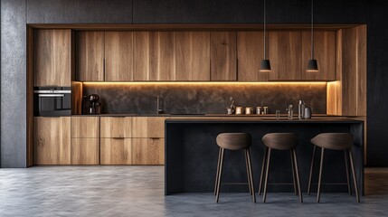 63. 3D render of a modern kitchen with natural wooden cabinets, stylish bar stools, and a minimalist design, highlighted by the contrast with the concrete floor