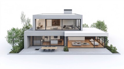 92. Contemporary duplex house design in 3D, featuring two distinct but connected living spaces, flat roofs, and minimalist exterior detailing, isolated on a white background