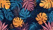 © BozStock - A vibrant tropical leaf pattern with blue, yellow and pink leaves.