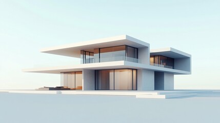 95. 3D rendered image of a modern duplex house, featuring two adjacent units with minimalist design, flat roofs, and expansive glass elements, isolated on a neutral background