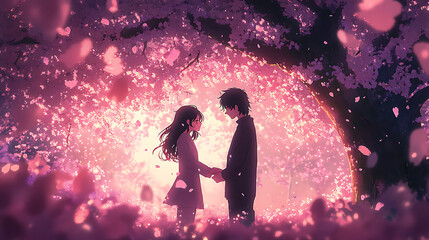 Couple Holding Hands Under a Cherry Blossom Tree