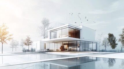 121. Mixed media 3D render of a dream house, combining architectural plans with a visualized modern home design, set against a dynamic background representing creativity and aspiration